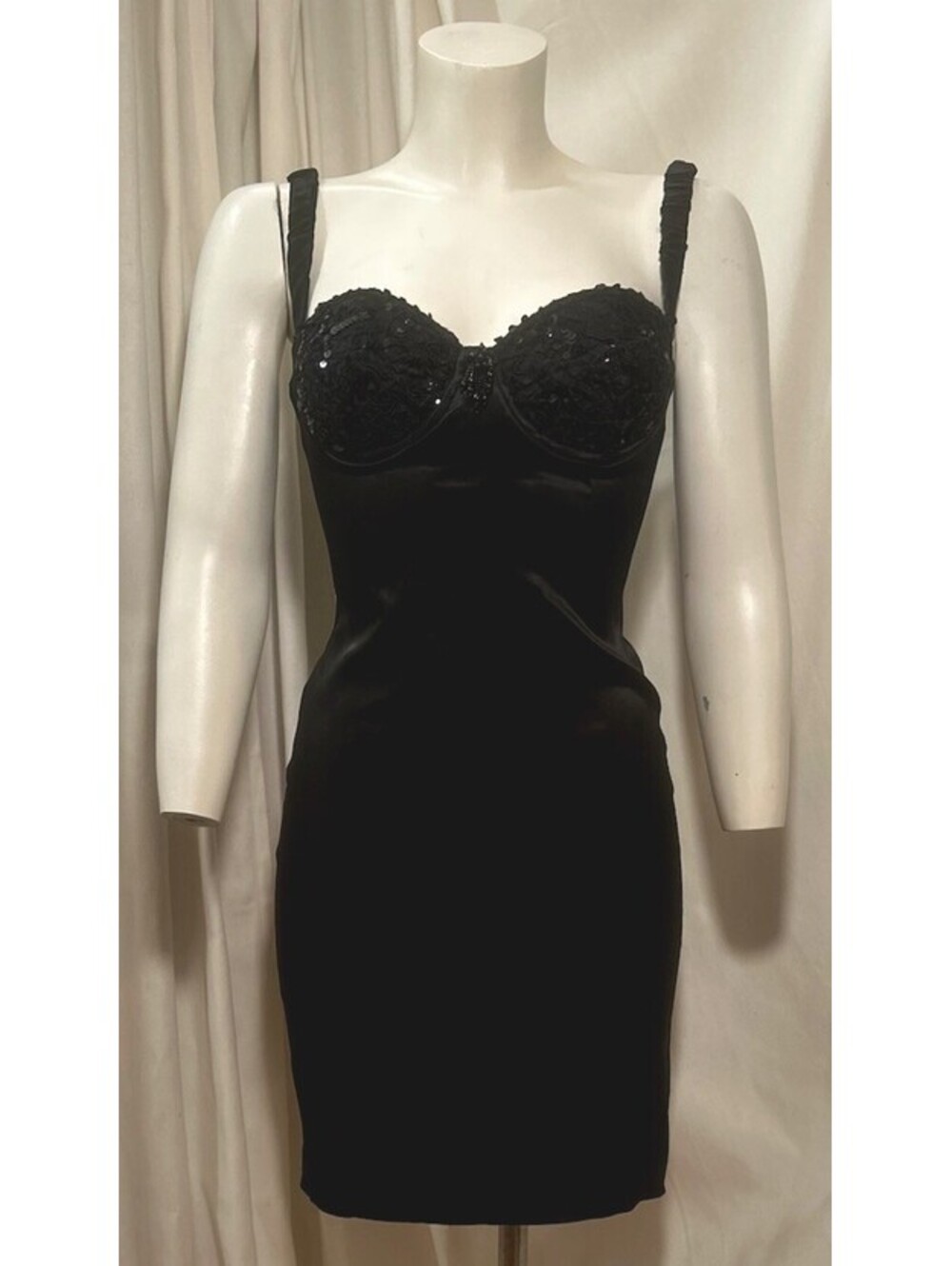 VTG 90s Prom Vamp Goth Black Satin Sequin Mini Dress XS/S